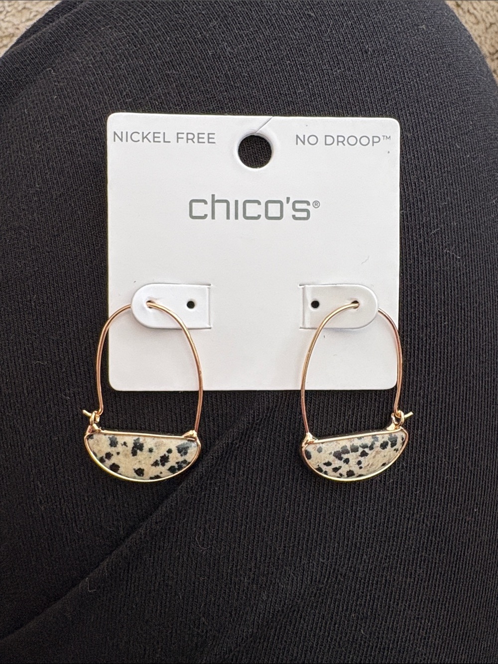 Chico's Gold Hoop Earrings with Dalmatian Spot Cream Stone